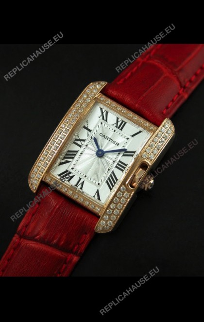 Cartier Louis Japanese Replica Ladies Rose Gold Diamond Watch in Red Strap