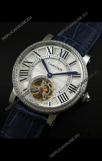 Cartier Ronde de Tourbillon Japanese Replica Diamond Watch in Blue Strap