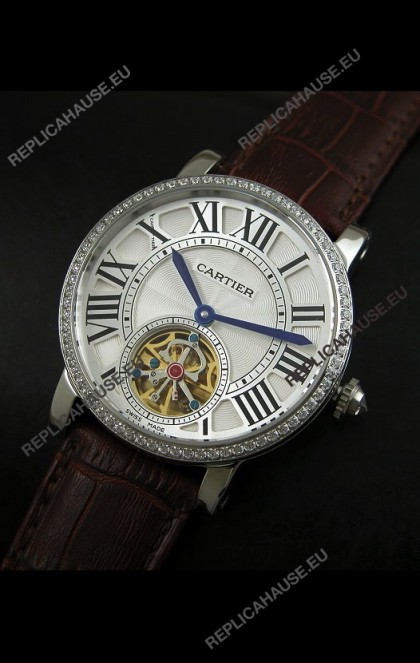 Cartier Ronde de Tourbillon Japanese Replica Diamond Watch in Brown Strap