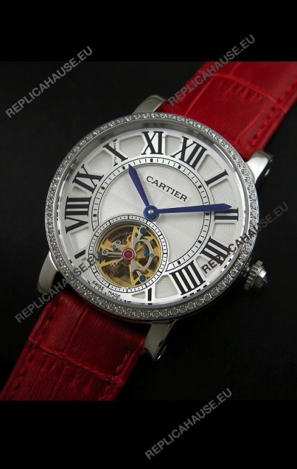 Cartier Ronde de Tourbillon Japanese Replica Diamond Watch in Red Strap