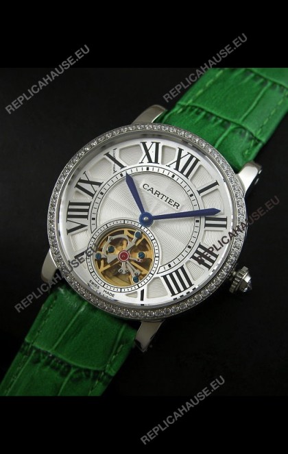 Cartier Ronde de Tourbillon Japanese Replica Diamond Watch in Green Strap