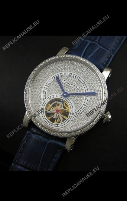 Cartier Ronde de Tourbillon Japanese Replica Diamond Watch in Blue Strap