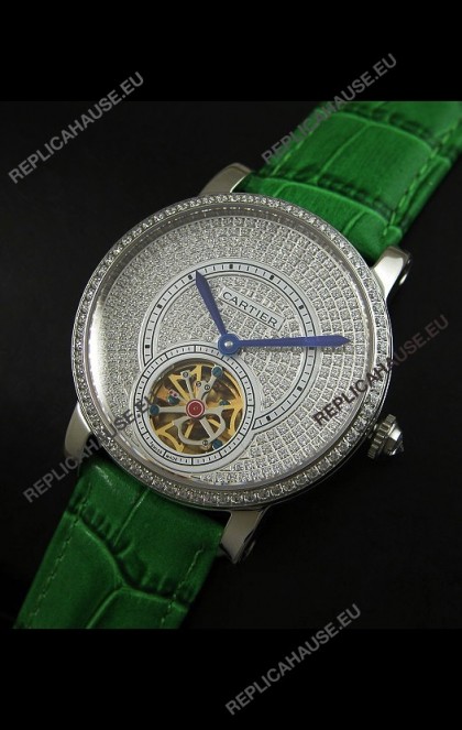 Cartier Ronde de Tourbillon Japanese Replica Diamond Watch in Green Strap