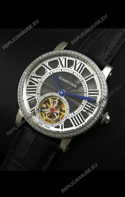 Cartier Ronde de Tourbillon Japanese Replica Diamond Watch in Black Dial