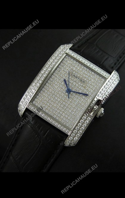 Cartier Tank Anglaise Ladies Replica Watch in Steel/Black Strap