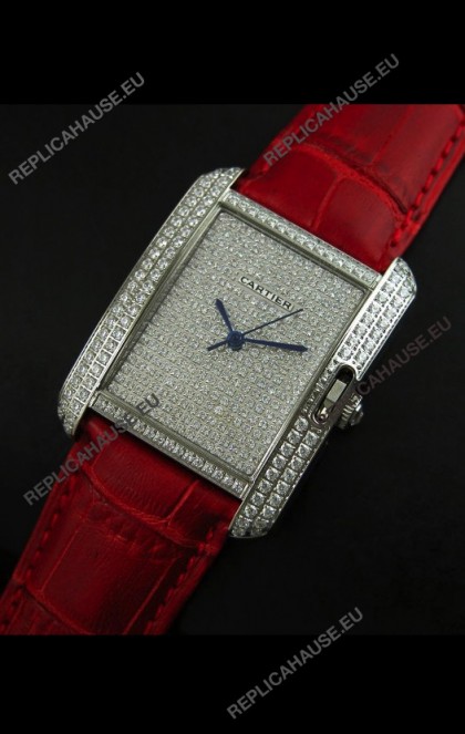 Cartier Tank Anglaise Ladies Replica Watch in Steel/Red Strap