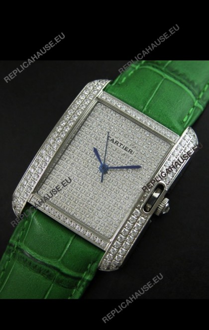 Cartier Tank Anglaise Ladies Replica Watch in Steel/Green Strap