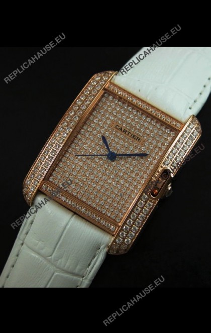 Cartier Tank Anglaise Ladies Replica Watch in Gold Case/White Strap