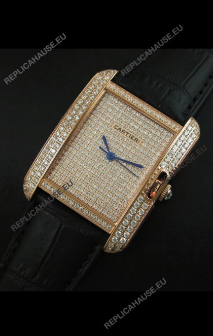 Cartier Tank Anglaise Ladies Replica Watch in Gold Case/Black Strap