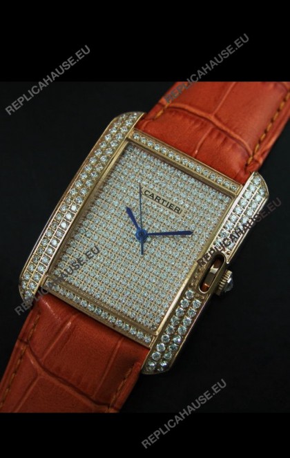 Cartier Tank Anglaise Ladies Replica Watch in Gold Case/Brown Strap