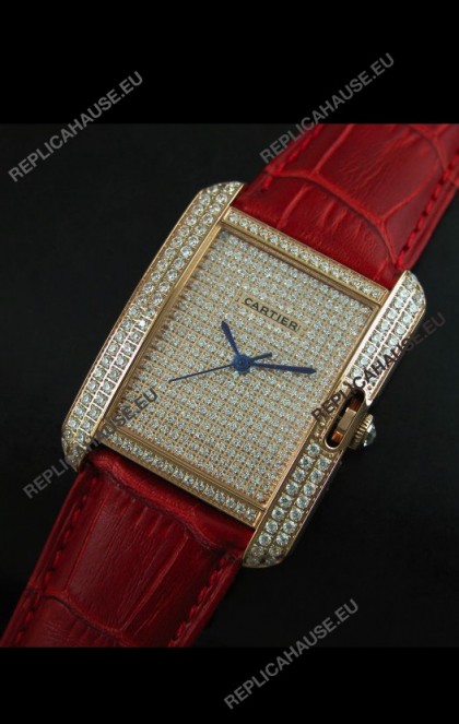 Cartier Tank Anglaise Ladies Replica Watch in Gold Case/Red Strap