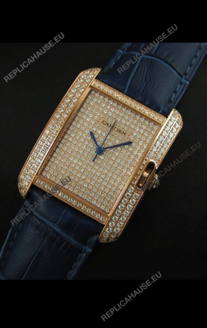 Cartier Tank Anglaise Ladies Replica Watch in Gold Case/Purple Strap