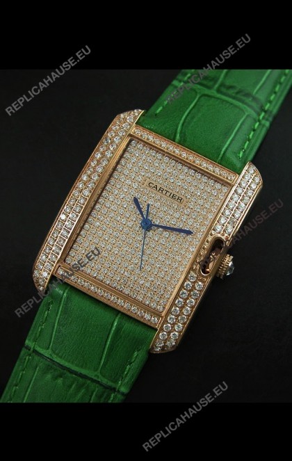 Cartier Tank Anglaise Ladies Replica Watch in Gold Case/Green Strap