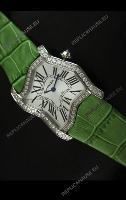 Cartier Tank Folle Ladies Replica Watch in Steel Case/Green Strap