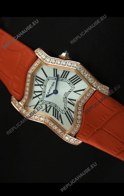 Cartier Tank Folle Ladies Replica Watch in Yellow Gold Case/Orange Strap