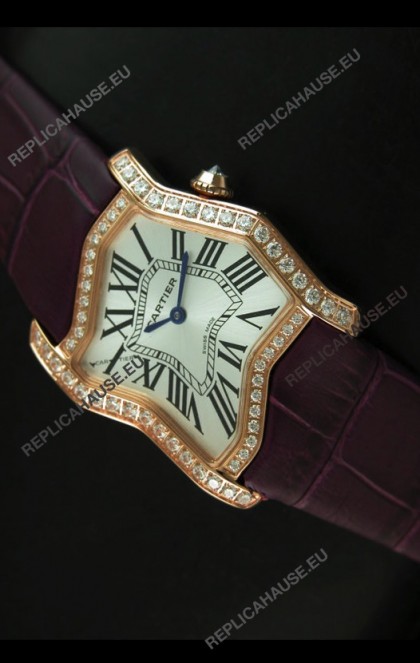 Cartier Tank Folle Ladies Replica Watch in Yellow Gold Case/Maroon Strap