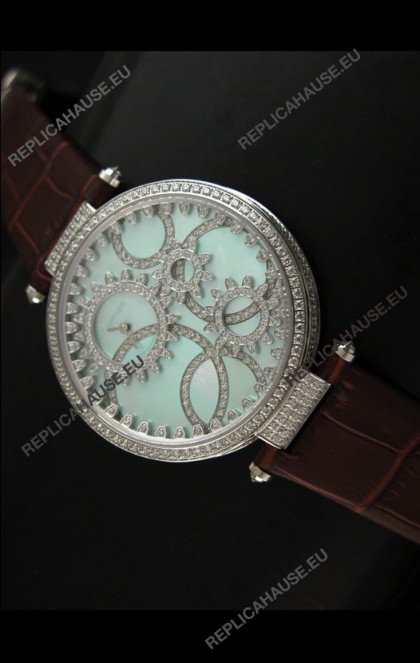 Cartier Replica Watch with Diamonds Embedded Dial Bezel in Steel Case/Brown Strap