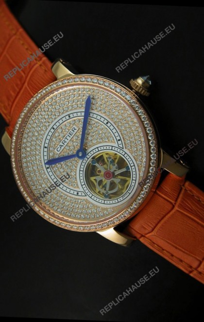 Ronde De Cartier Tourbillon Replica Watch Pink Gold Case - Brown Strap