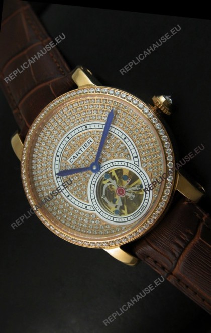 Ronde De Cartier Tourbillon Replica Watch Pink Gold Case - Dark Brown Strap