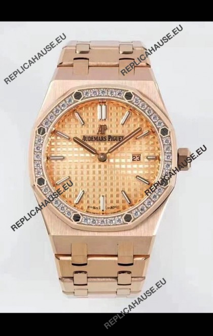 Audemars Piguet Royal Oak 33MM Rose Gold Casing Gold Dial 1:1 Mirror Replica Watch