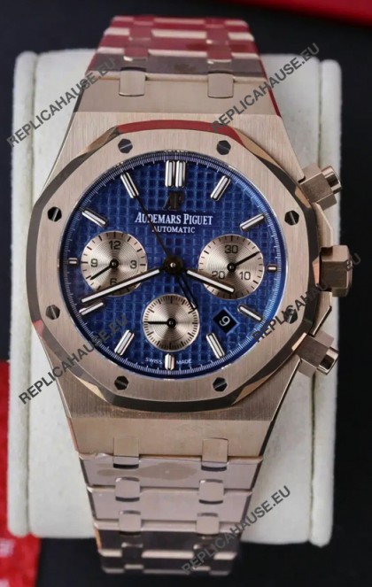 Audemars Piguet Royal Oak Chronograph Rose Gold Blue Dial Steel Strap Swiss Replica Watch