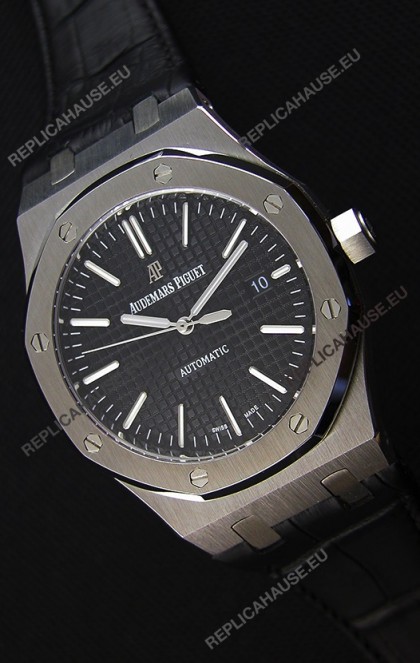 Audemars Piguet Royal Oak 41MM Black Dial Leather Strap - 1:1 Mirror Ultimate Edition