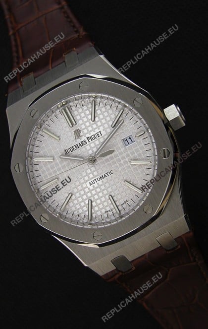 Audemars Piguet Royal Oak 41MM Silver Dial Leather Strap - 1:1 Mirror Ultimate Edition