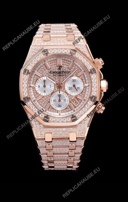 Audemars Piguet Royal Oak Chronograph 41MM Swiss Quartz Watch with Diamonds Embedded Casing in Rose Gold
