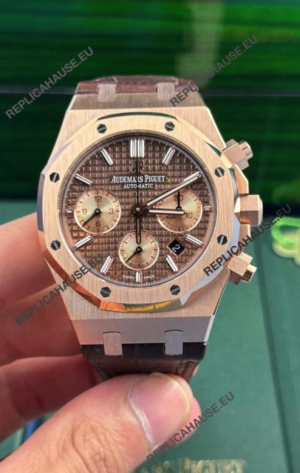 Audemars Piguet Royal Oak Chronograph Rose Gold Brown Dial Leather Strap Swiss Replica Watch