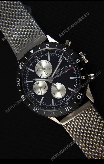 Breitling Chronoliner Steel-Black Mesh Strap in Black Dial Swiss Replica Watch 