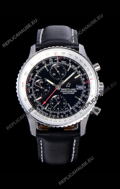Breitling Navitimer 1 Chronograph 41MM Swiss Watch Black Dial in 904L Steel - Leather Strap