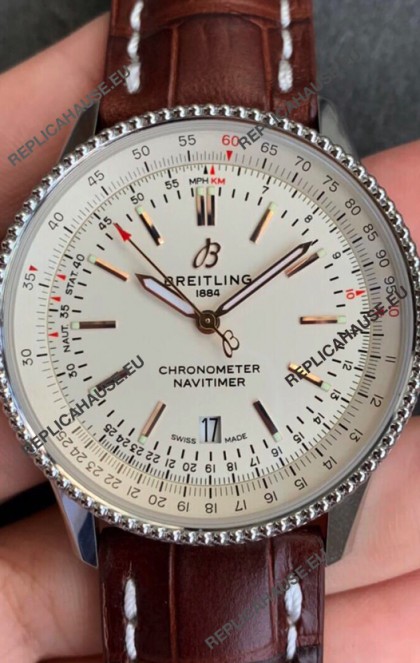 Breitling Navitimer 1 Automatic Swiss Replica Watch in White Dial - Brown Leather Strap