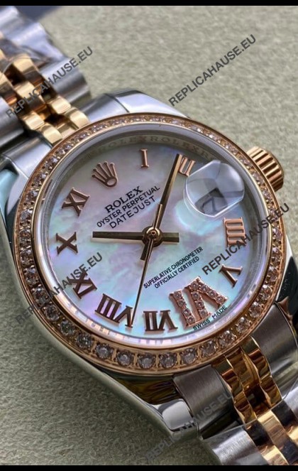 Rolex Datejust 28MM Swiss Replica in 904L Rose Gold Two Tone Case in Pearl Dial - 1:1 Mirror Replica