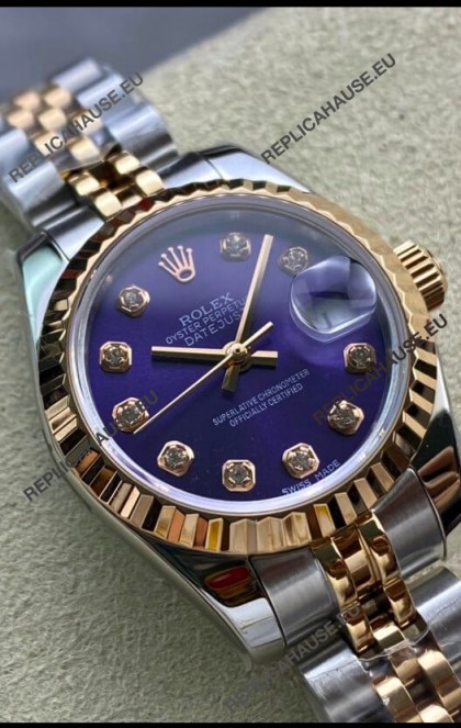 Rolex Datejust 28MM Swiss Replica in 904L Rose Gold Two Tone Case in Purple Dial - 1:1 Mirror Replica