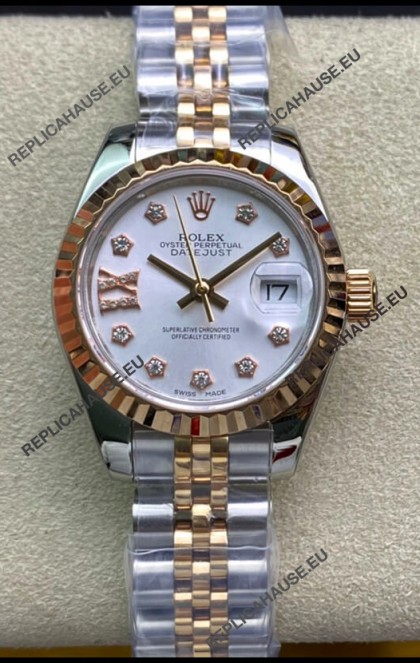 Rolex Datejust 28MM Swiss Replica in 904L Steel 2 Tone Rose Gold in White Dial - 1:1 Mirror Replica