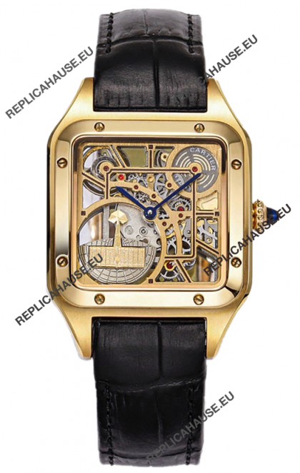 Cartier Santos Dumont Skeleton Yellow Gold Watch in Black Leather Strap 43.5MM