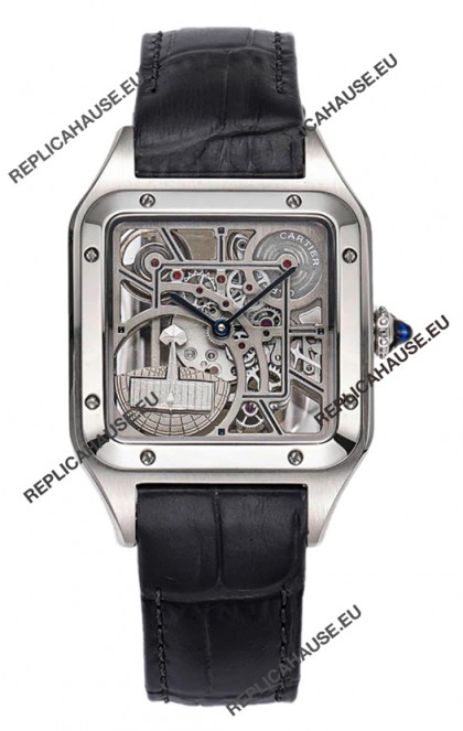 Cartier Santos Dumont Skeleton Stainless Steel Watch in Black Leather Strap 43.5MM