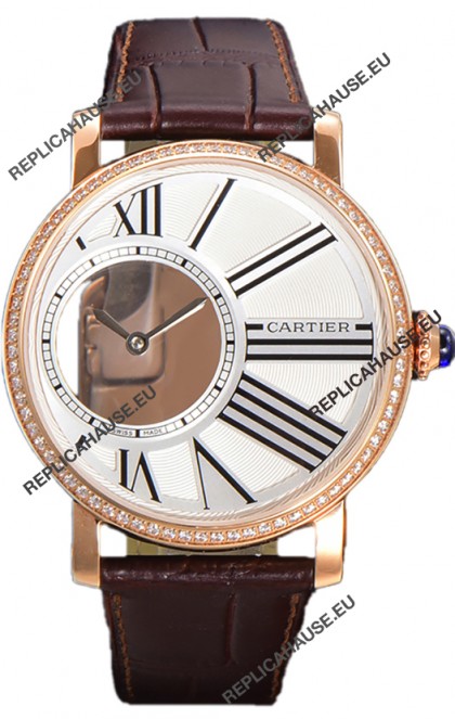 Rotonde De Cartier in Rose Gold Casing - Leather Strap Swiss Quartz Replica Watch 