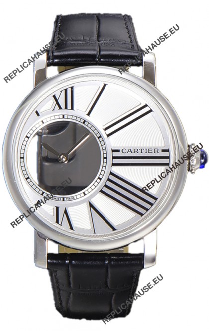 Rotonde De Cartier in Stainless Steel Casing - Leather Strap Swiss Quartz Replica Watch 