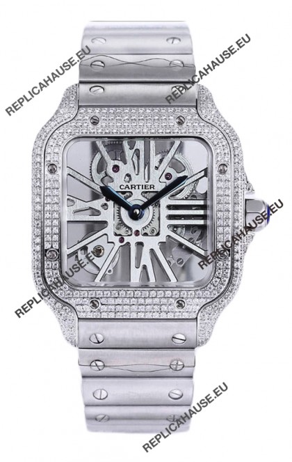 Santos De Cartier Watch in Skeleton Dial - Diamonds Bezel in Steel Casing & Strap Swiss Replica