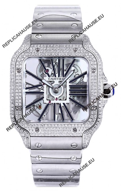 Santos De Cartier Watch in Skeleton Dial - Diamonds Bezel in Steel Casing Swiss Replica