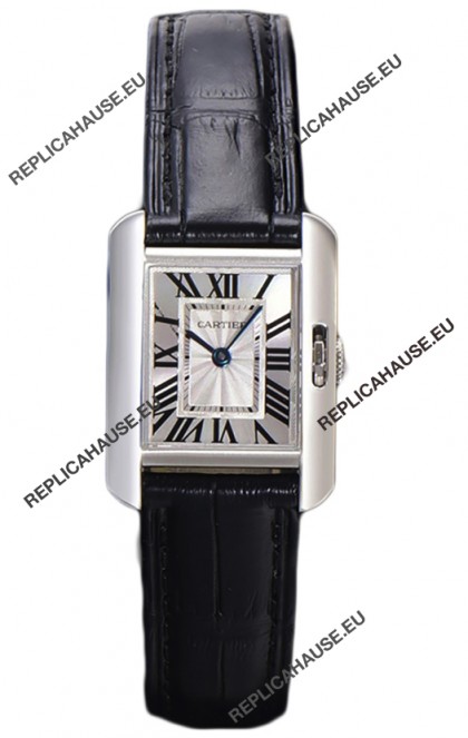 Cartier Tank Anglaise Stainless Steel Watch in Black Leather Strap Swiss Quartz Watch 30MM