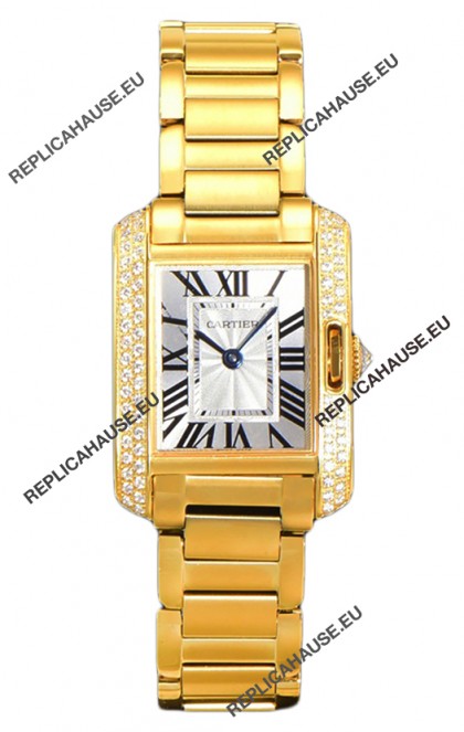 Cartier Tank Anglaise Yellow Gold Watch in Steel Strap Diamonds Bezel Swiss Quartz Watch 30MM