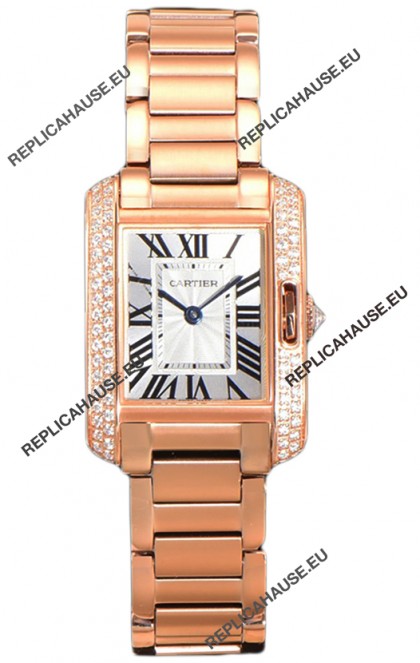 Cartier Tank Anglaise Rose Gold Watch in Steel Strap Diamonds Bezel Swiss Quartz Watch 30MM