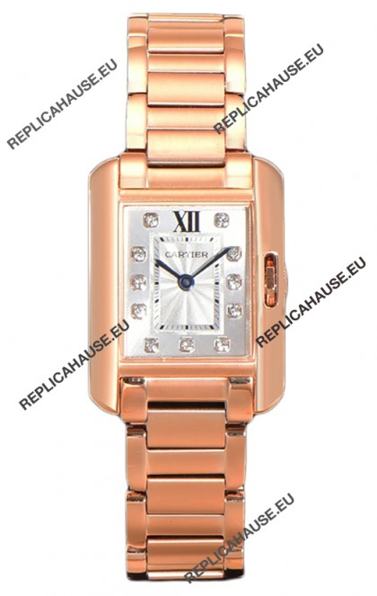 Cartier Tank Anglaise Rose Gold Watch in Steel Strap Diamonds Markers Swiss Quartz Watch 30MM