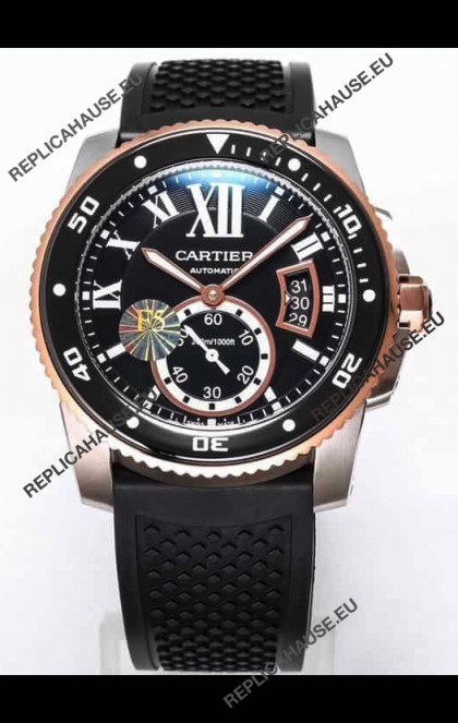 Calibre De Cartier Watch 42MM Black Dial Two Tone Steel Case - 1:1 Mirror Replica Watch