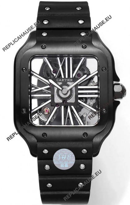 Santos De Cartier Watch in Skeleton Dial - DLC Coated Casing & Bezel in Rubber Strap