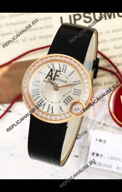 Ballon Blanc De Cartier Swiss Quartz Replica Watch Diamonds Bezel Rose Gold Casing Leather Strap 