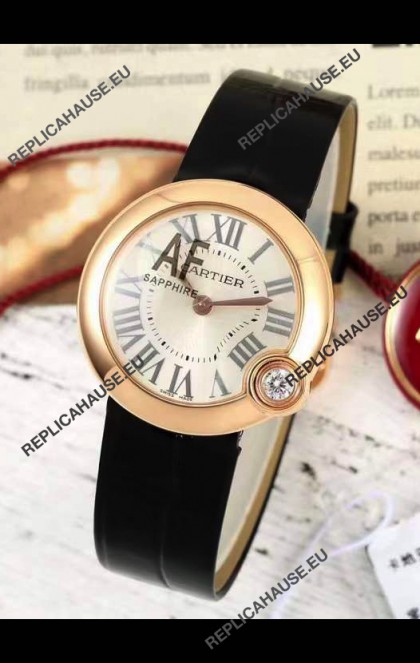 Ballon Blanc De Cartier Swiss Quartz Replica Watch in Rose Gold Casing Leather Strap 