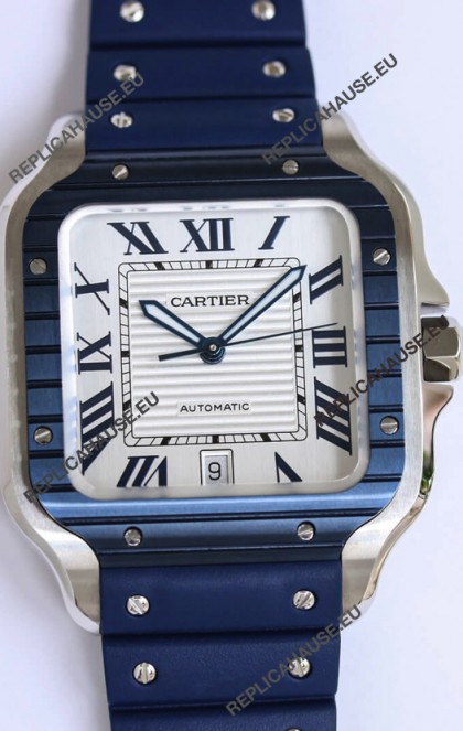 Santos De Cartier 1:1 Blue DLC Bezel Swiss Replica Watch 40MM - Rubber Strap